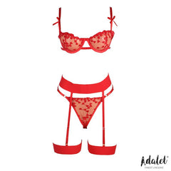 Yvonne Set Sujetador Tanga y Liguero con Corazones Rojo