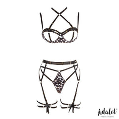 Lily Set Sujetador Tanga Liguero y Ligas Estampado Leopardo
