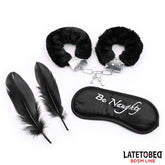 Set de 3 Piezas Antifaz Esposas y Plumas Negro