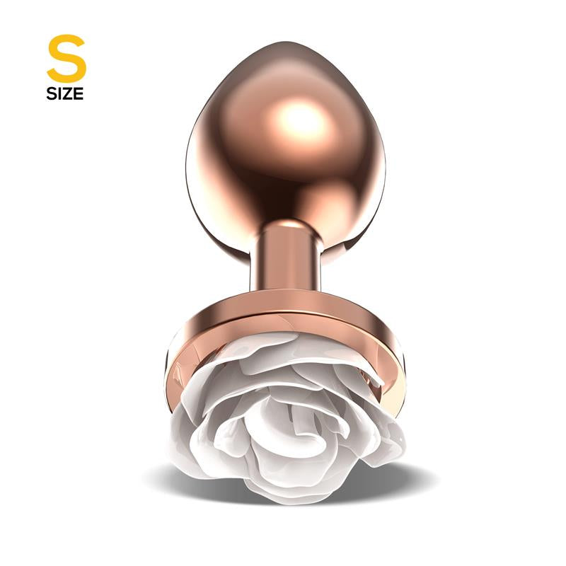 Plug Anal de Metal Oro Rosa con Rosa Blanca en la Base Talla S