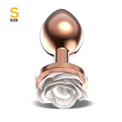 Plug Anal de Metal Oro Rosa con Rosa Blanca en la Base Talla S