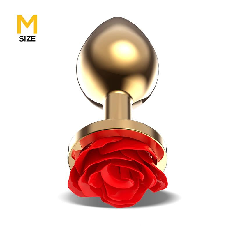Plug Anal de Metal Dorado con Rosa Roja en la Base Talla M